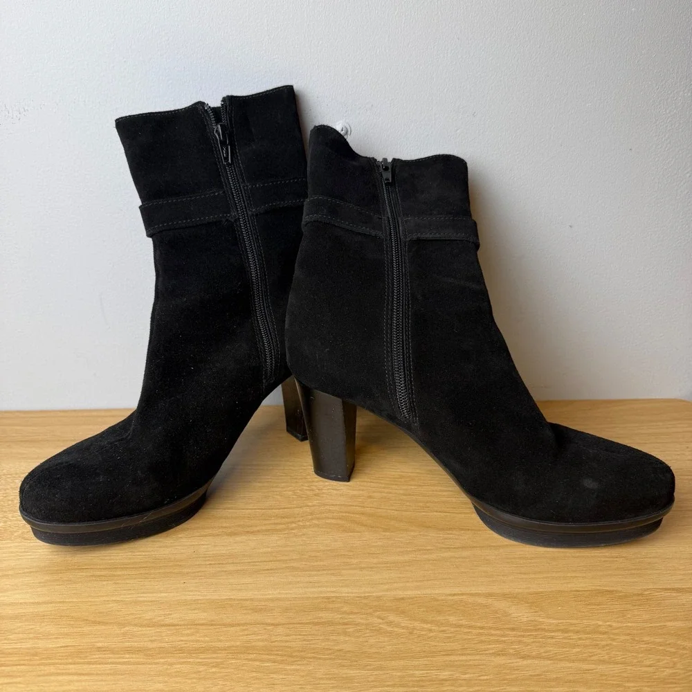 La Canadienne Suede Ankle Boots Women 8.5 Black Platform Buckle Quiet Luxury